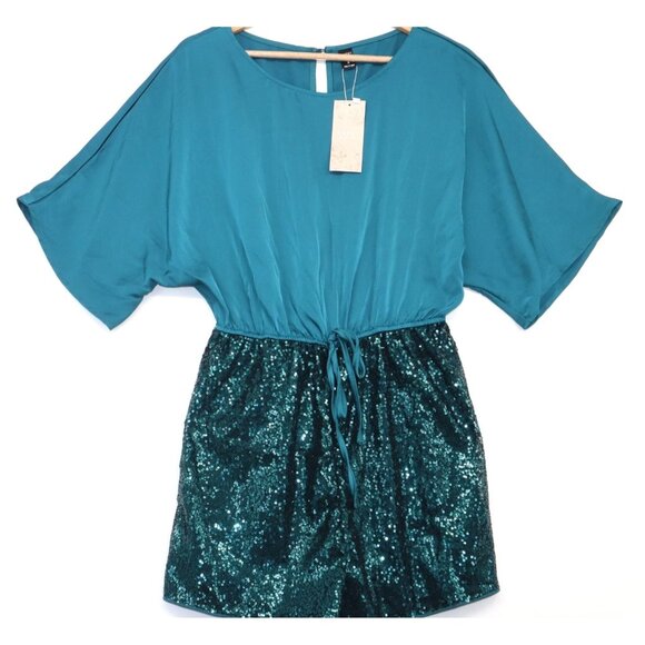 NWT Teal Emery Rose Sequin Romper With Short Dolman Sleeves & Tie Waist - Size M - Picture 1 of 11